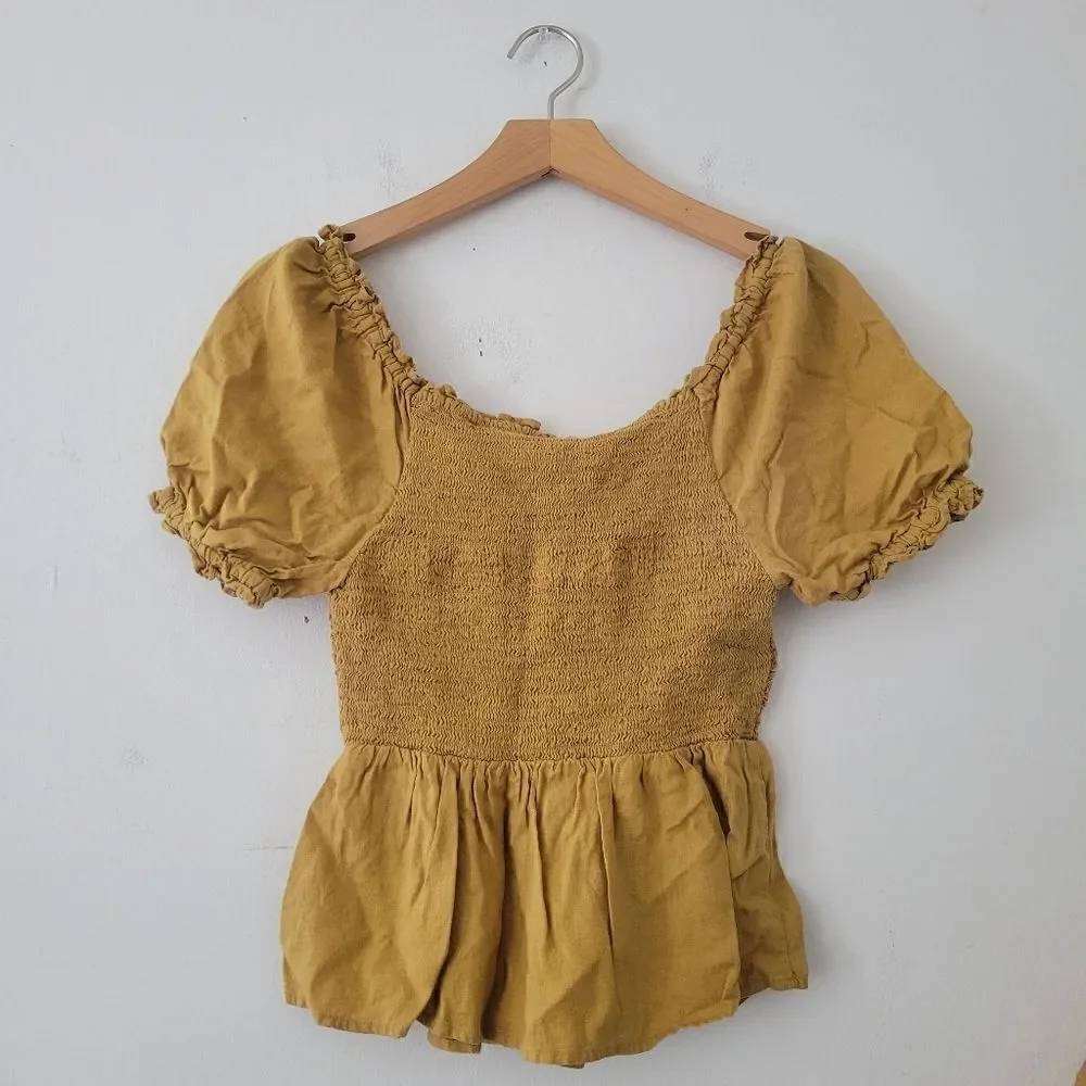 Old Navy Square Neck Smocked Puff Sleeve Top Mustard Yellow XS